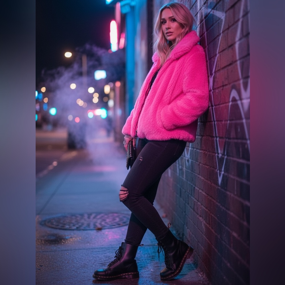 Juicy Couture 👑 💕 BLACK LABEL Hot Pink Y2K Faux Fur Full Zip Jacket